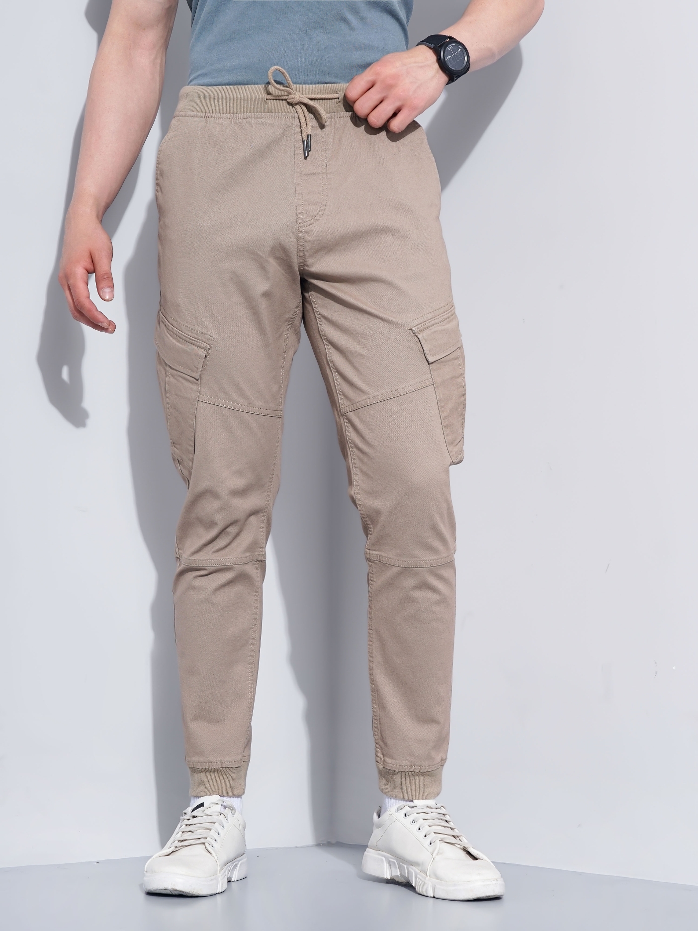 Men's Beige Cotton Blend Handwoven Trousers