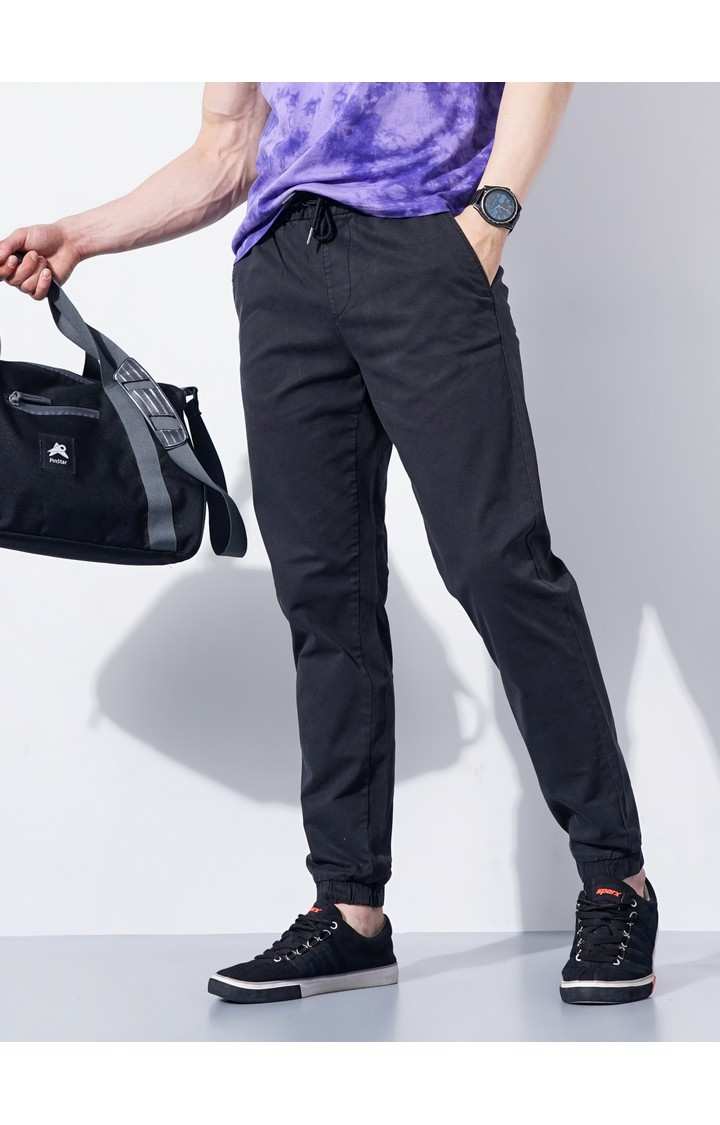 Men's Black Cotton Blend Handwoven Casual Joggers