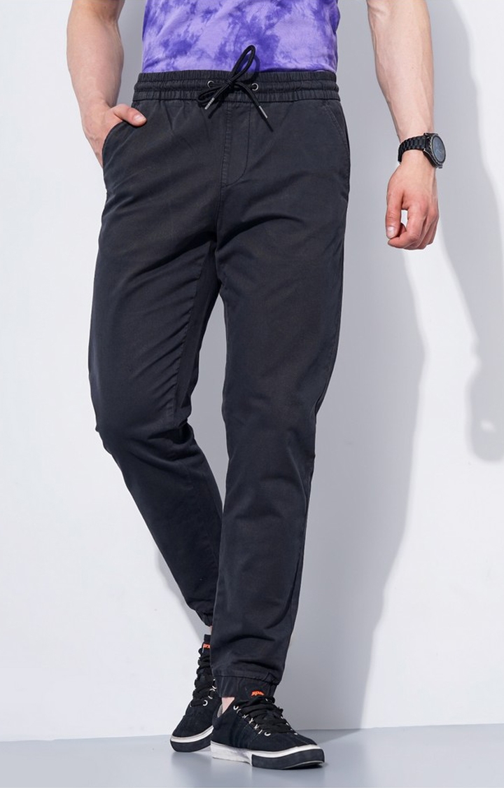 celio | Men's Black Cotton Blend Handwoven Casual Joggers