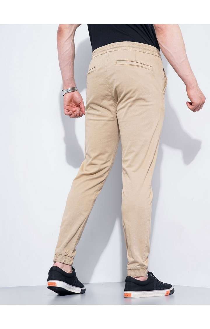 Men's Beige Cotton Blend Handwoven Casual Joggers