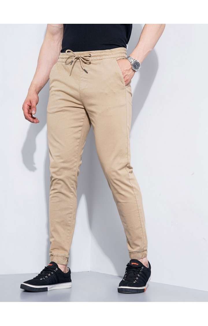 Men's Beige Cotton Blend Handwoven Casual Joggers
