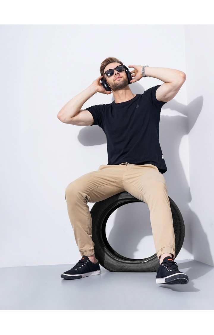 Men's Beige Cotton Blend Handwoven Casual Joggers