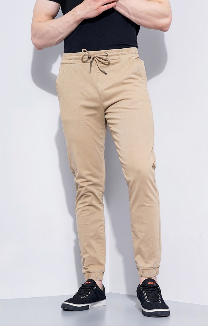 celio | Men's Beige Cotton Blend Handwoven Casual Joggers