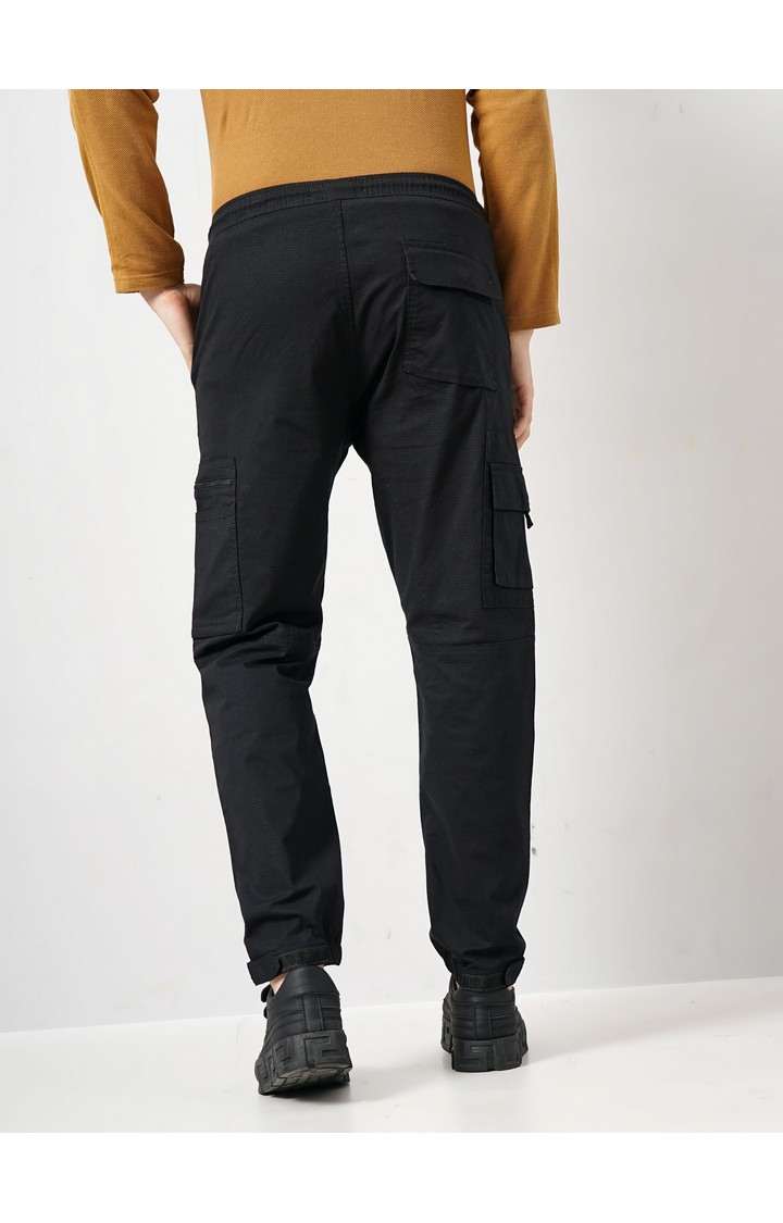 Celio Men Black Solid Loose Fit Cotton Cargo Casual Trousers