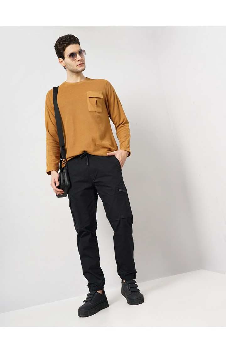 Celio Men Black Solid Loose Fit Cotton Cargo Casual Trousers