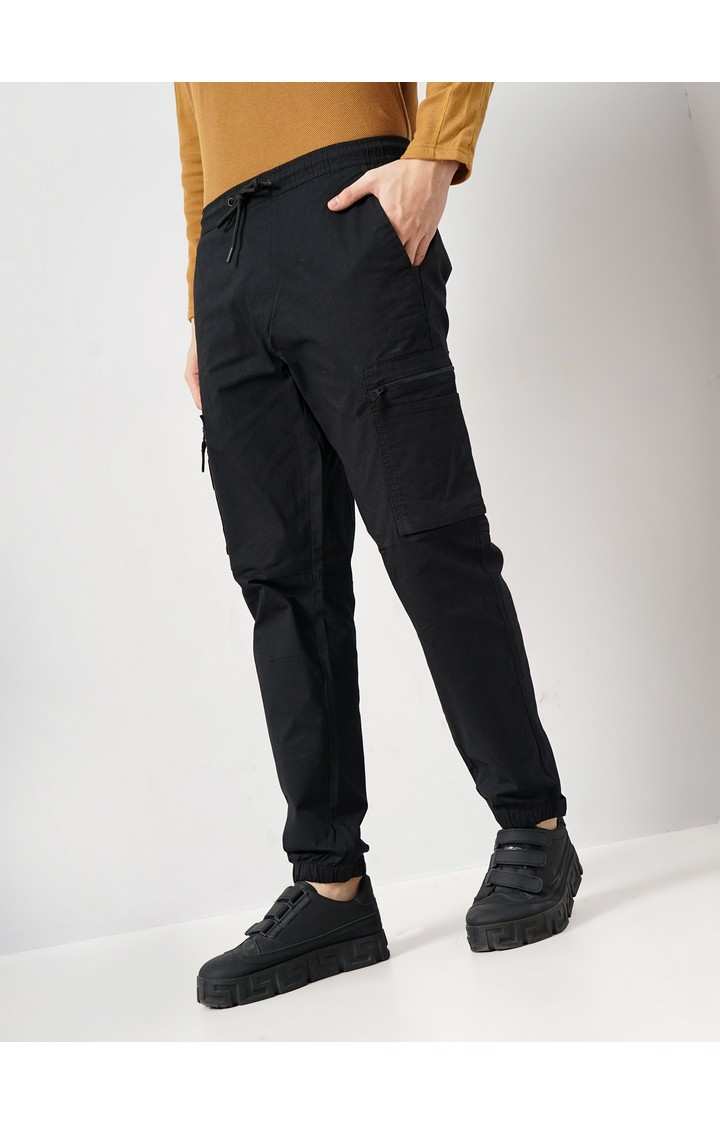 Celio Men Black Solid Loose Fit Cotton Cargo Casual Trousers