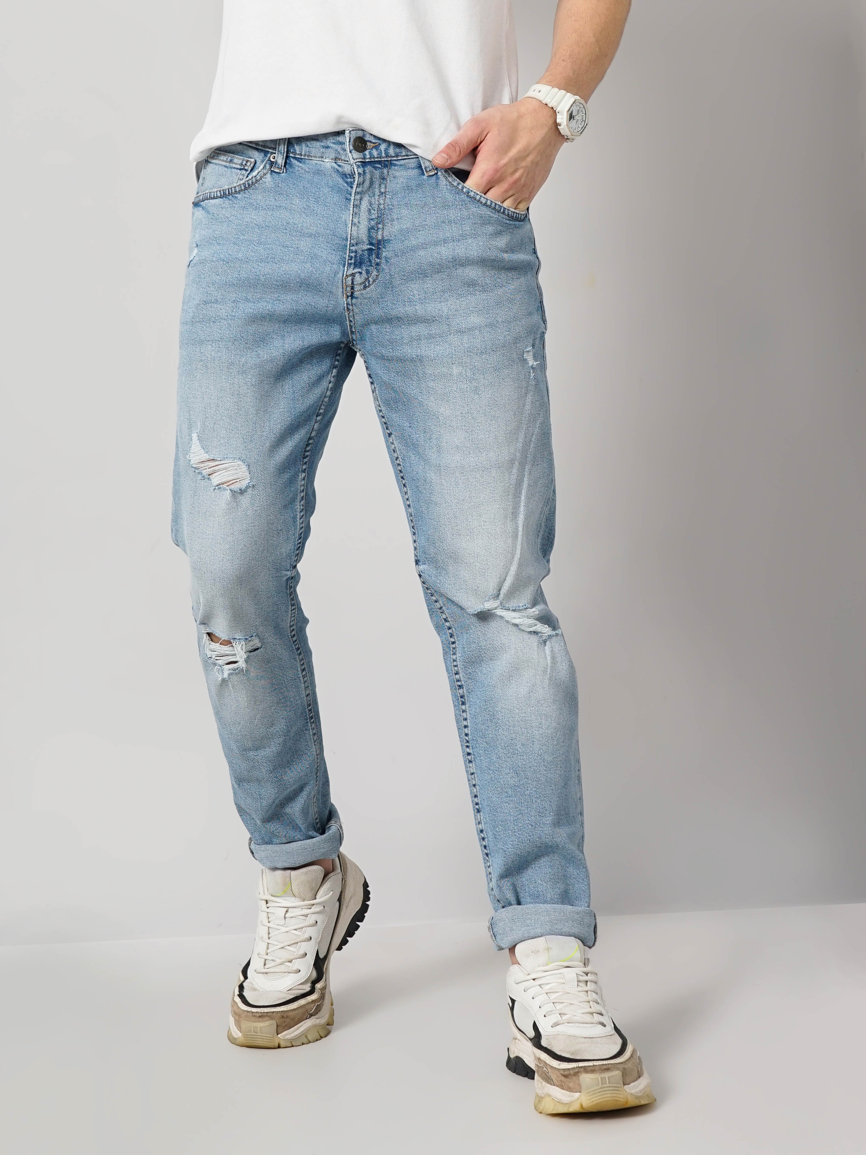 Celio Men's Solid Distress Jeans