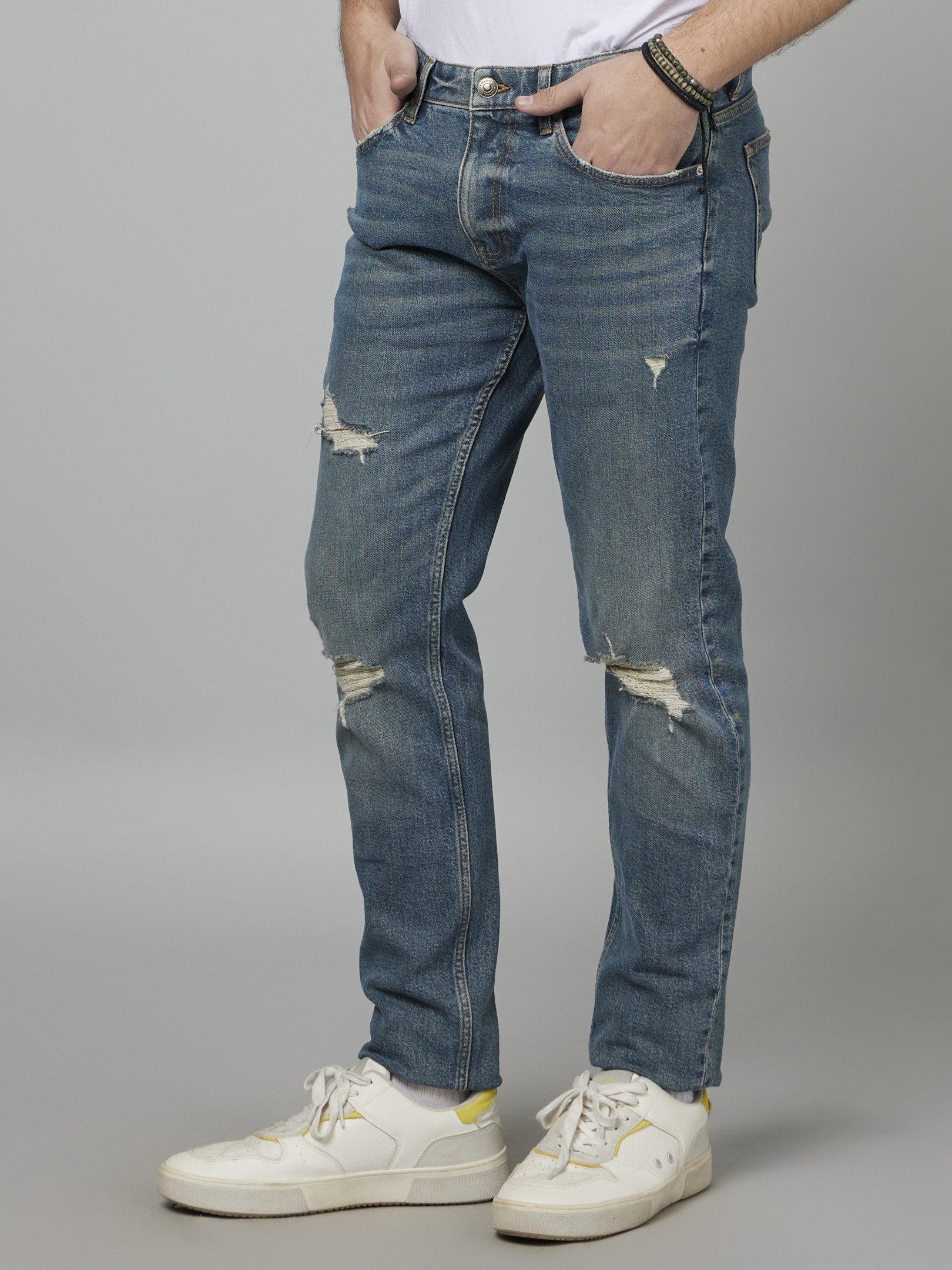 Guys ripped solid jeans top