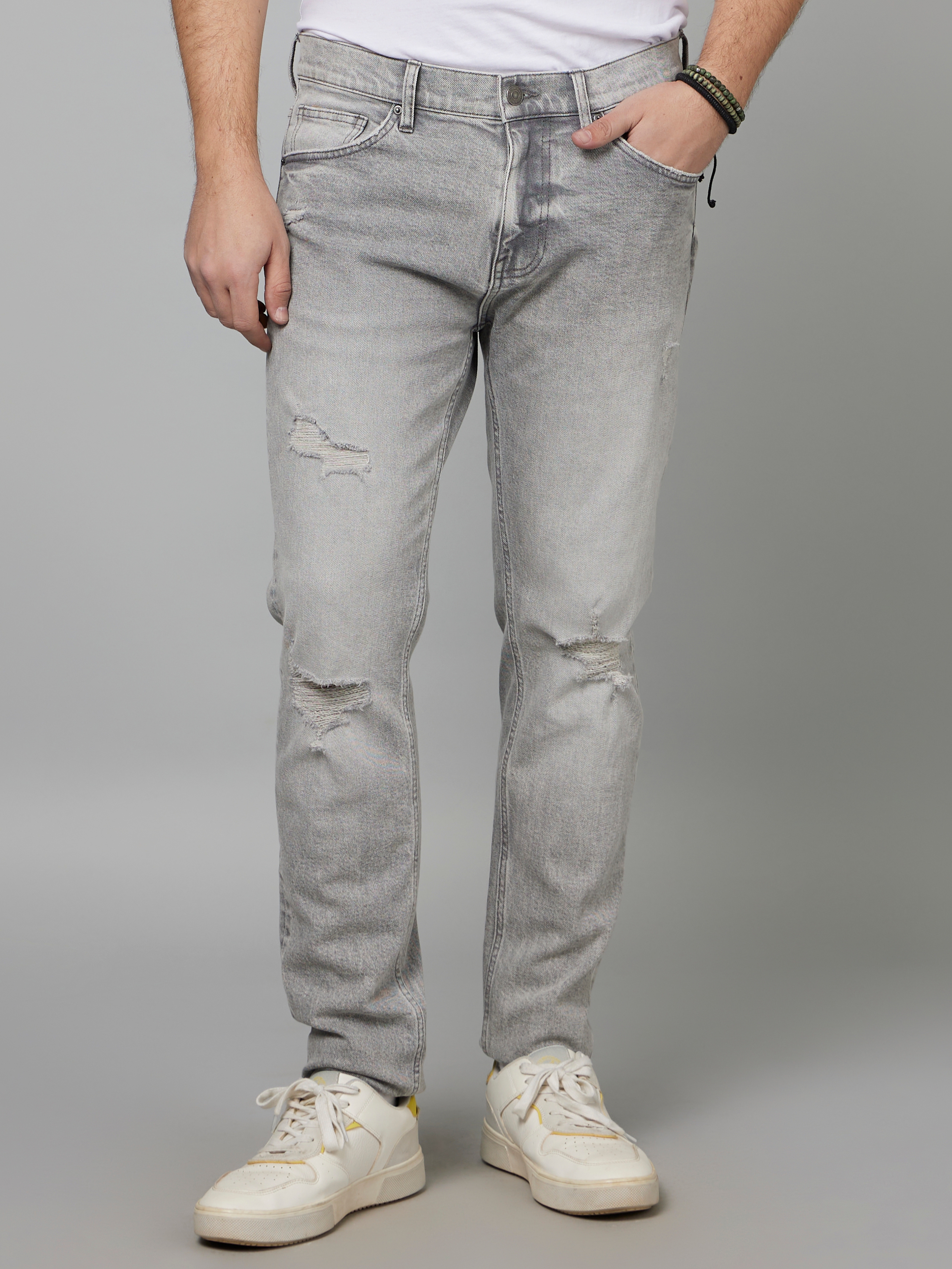 Men's Grey Cotton Blend Solid Ripped Jeans