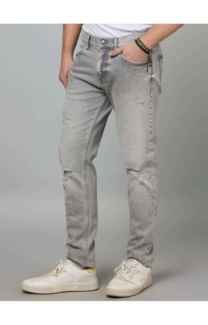 Men's Grey Cotton Blend Solid Ripped Jeans