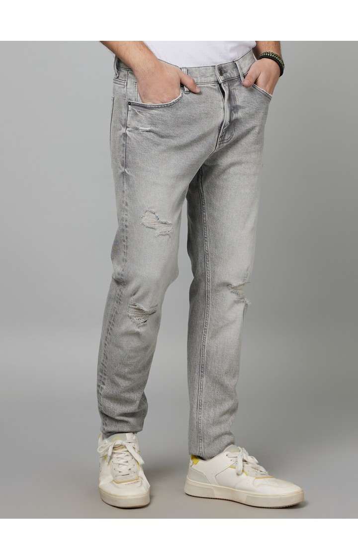 Men's Grey Cotton Blend Solid Ripped Jeans