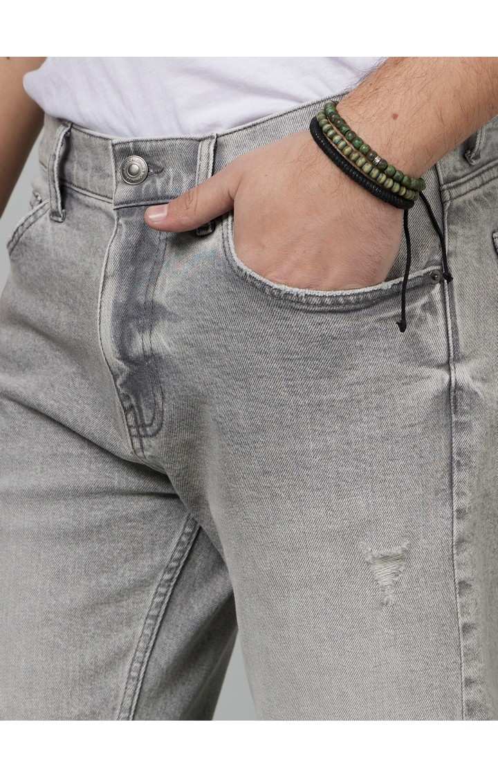 Men's Grey Cotton Blend Solid Ripped Jeans