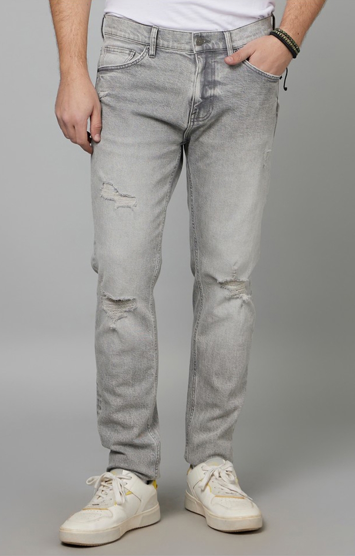 celio | Men's Grey Cotton Blend Solid Ripped Jeans