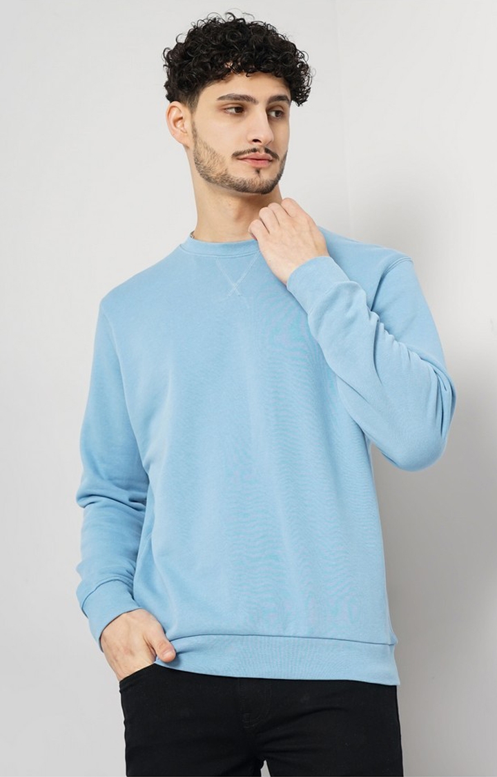 Celio Men's Solid Blue Full Sleeve Round Neck Sweater