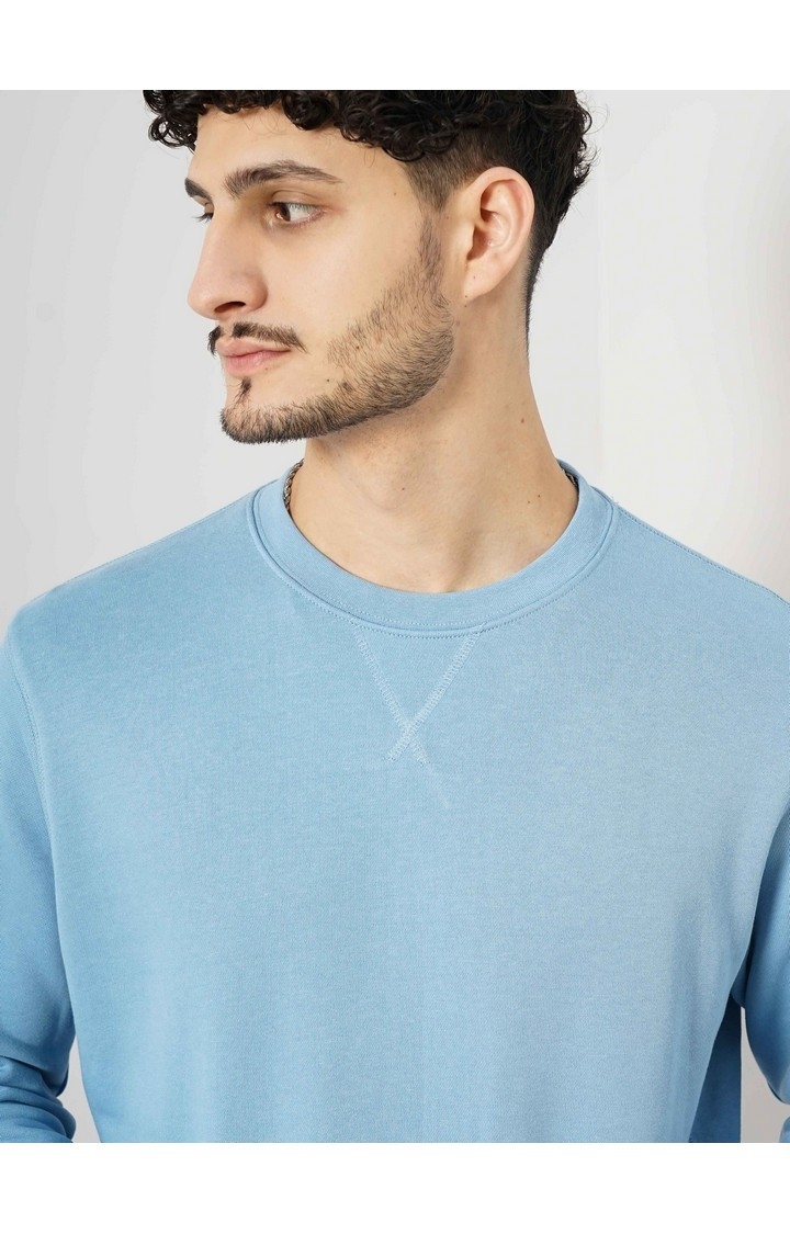 Celio Men's Solid Blue Full Sleeve Round Neck Sweater