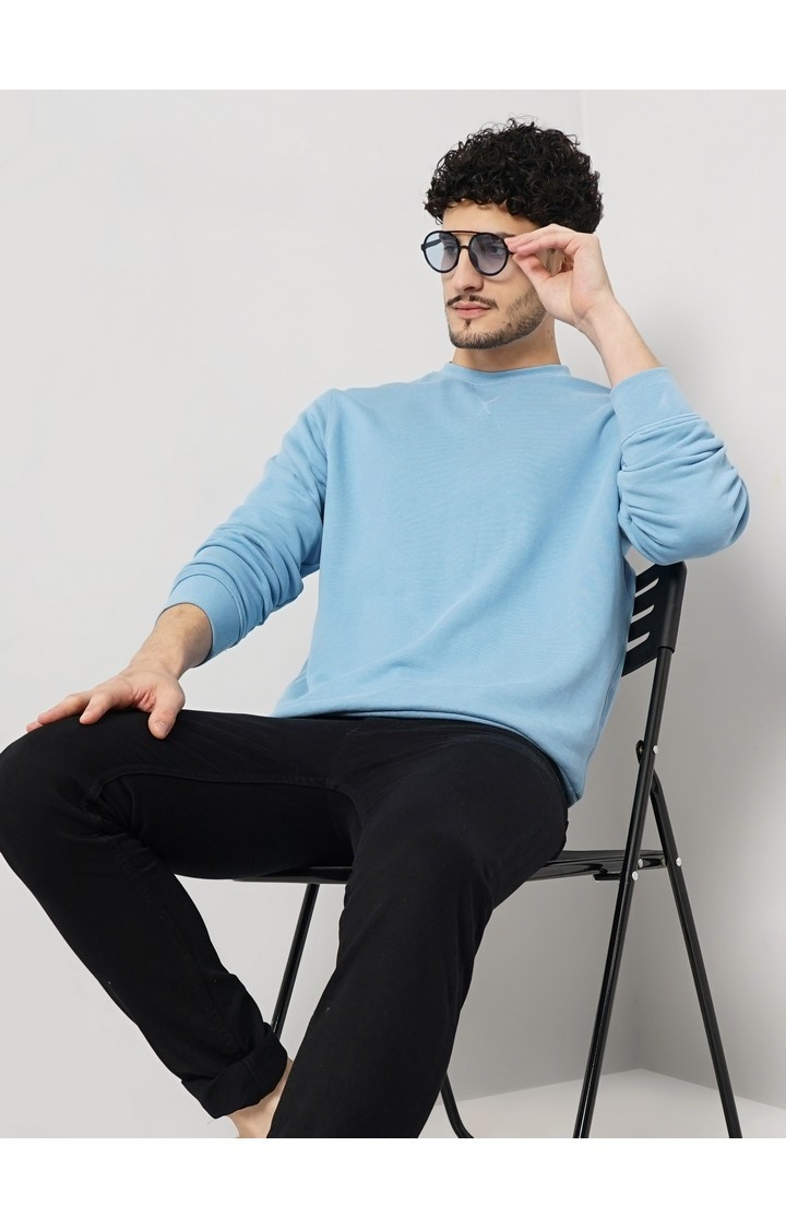 Celio Men's Solid Blue Full Sleeve Round Neck Sweater
