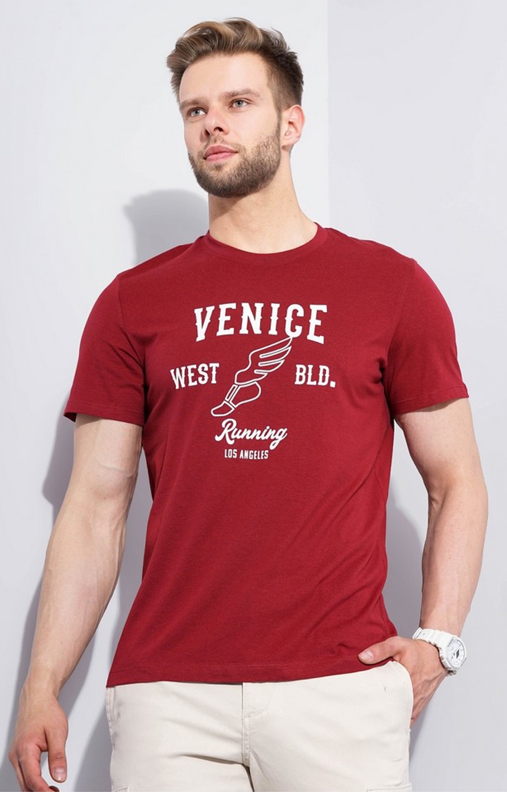 celio | Men's Red Graphics Regular T-Shirts