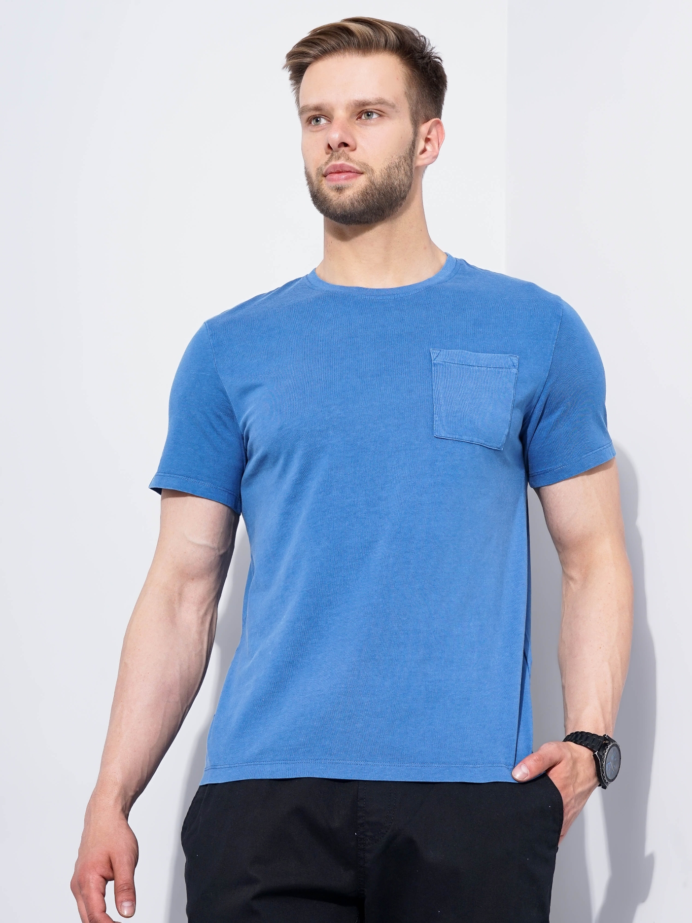 Men's Blue Knitted Regular T-Shirts