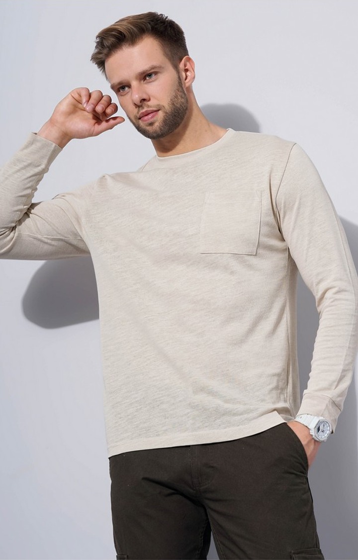 Men's Beige Knitted Regular T-Shirts