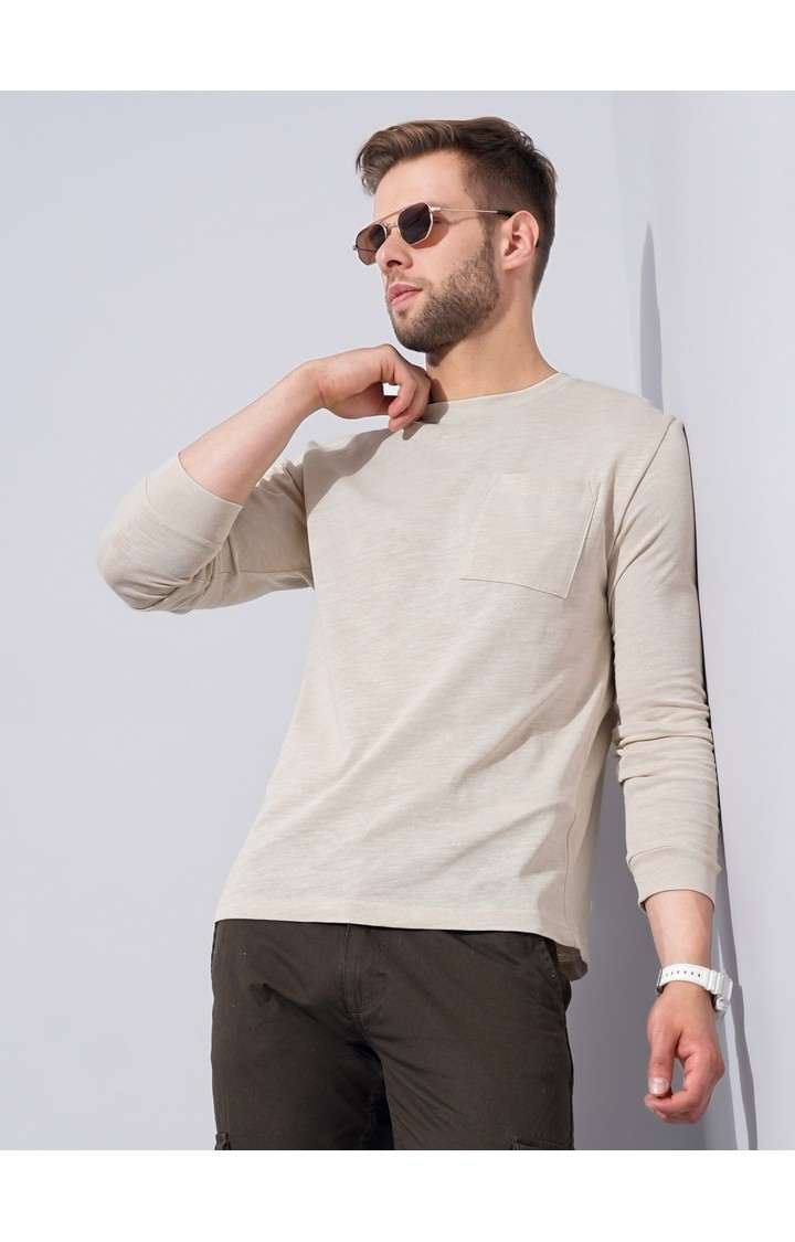 Men's Beige Knitted Regular T-Shirts