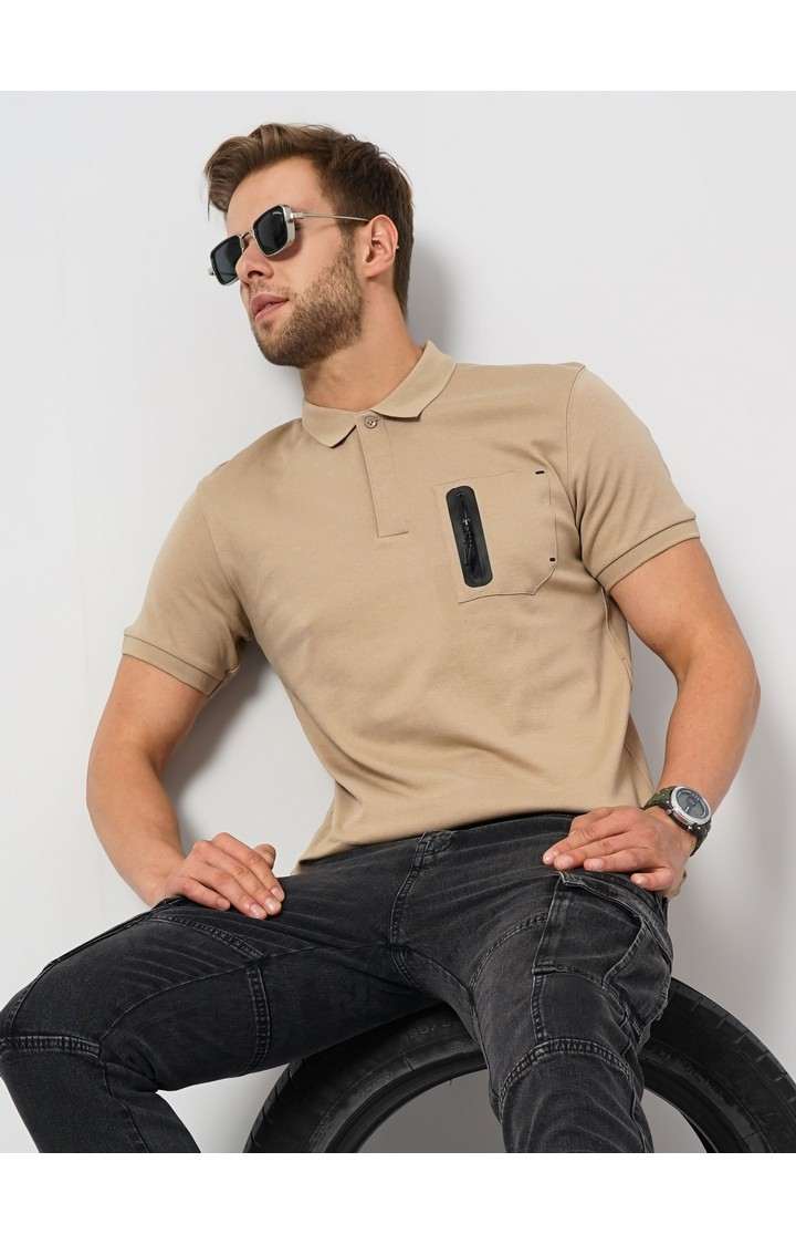 Men's Beige Solid Polos