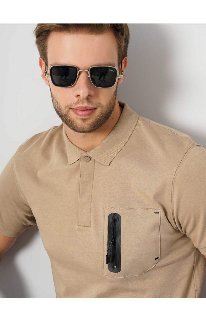 Men's Beige Solid Polos