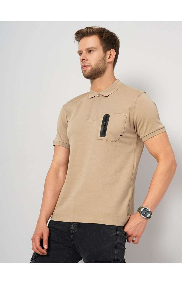 Men's Beige Solid Polos