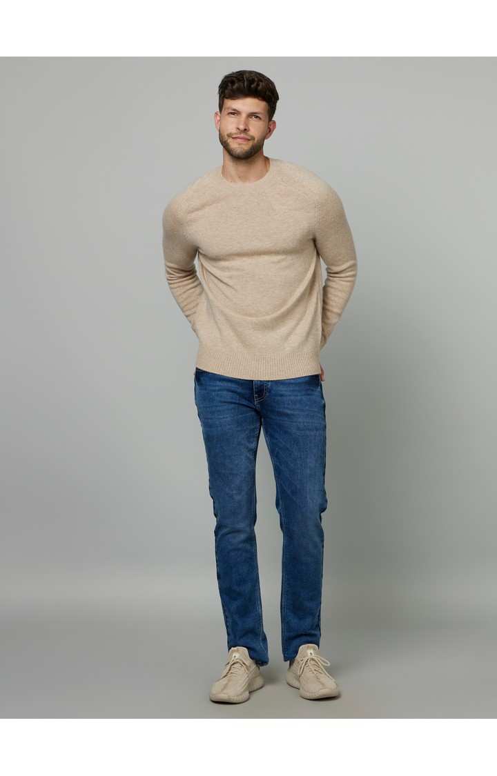 Men's Beige Solid Sweaters