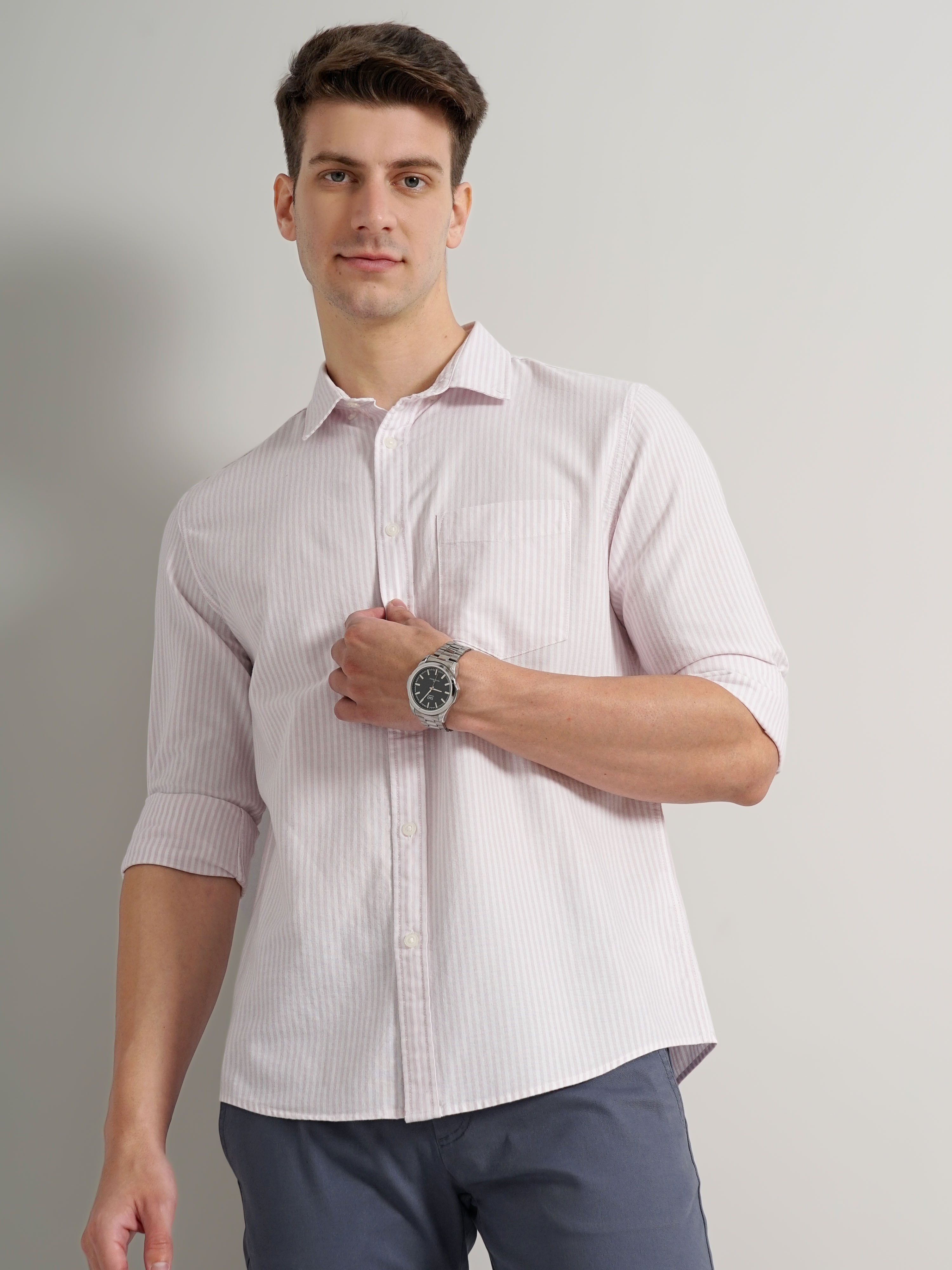 celio | Men's Pink Striped Casual Shirts