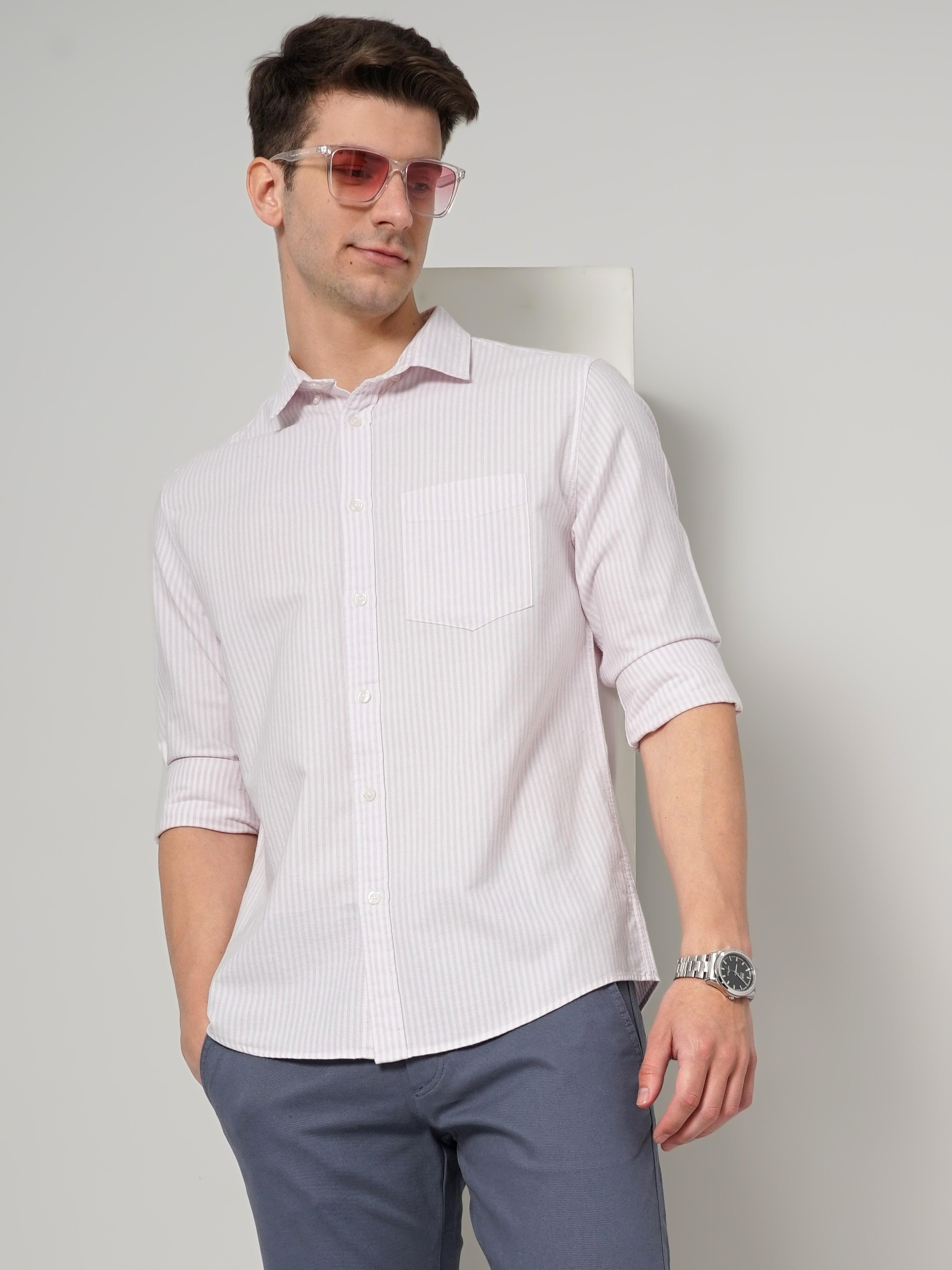 Men's Pink Striped Casual Shirts