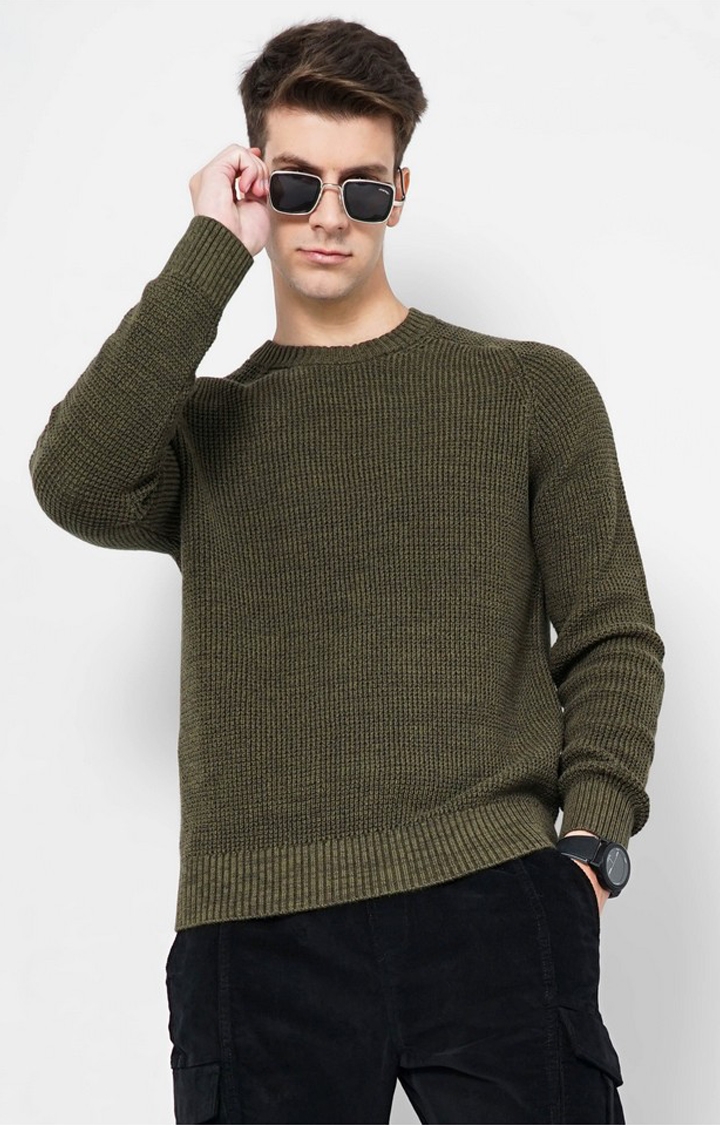 celio | Men's Green Knitted Sweaters