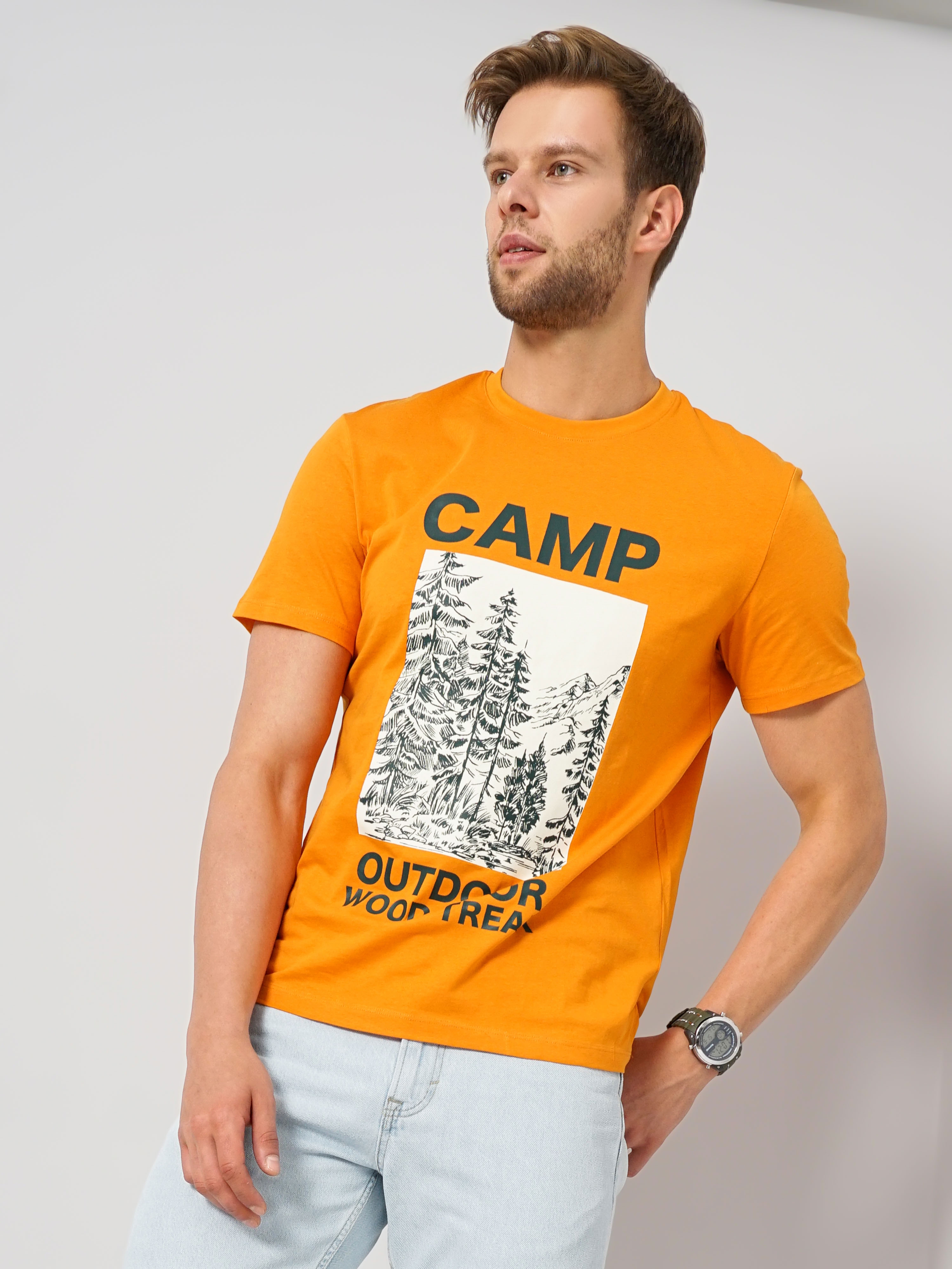 celio | Men's Orange Graphics Regular T-Shirts