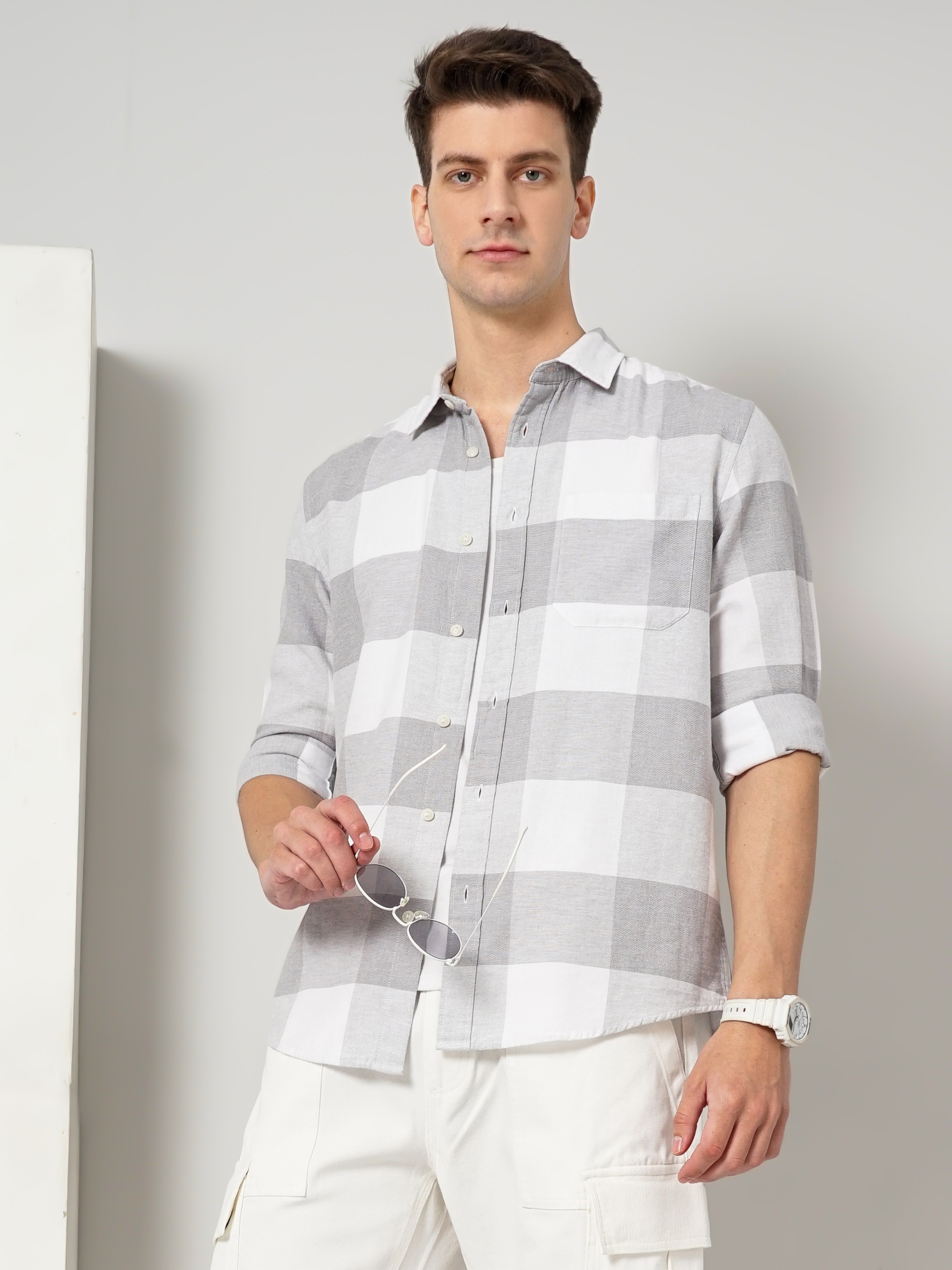 celio | Men's White Checked Casual Shirts