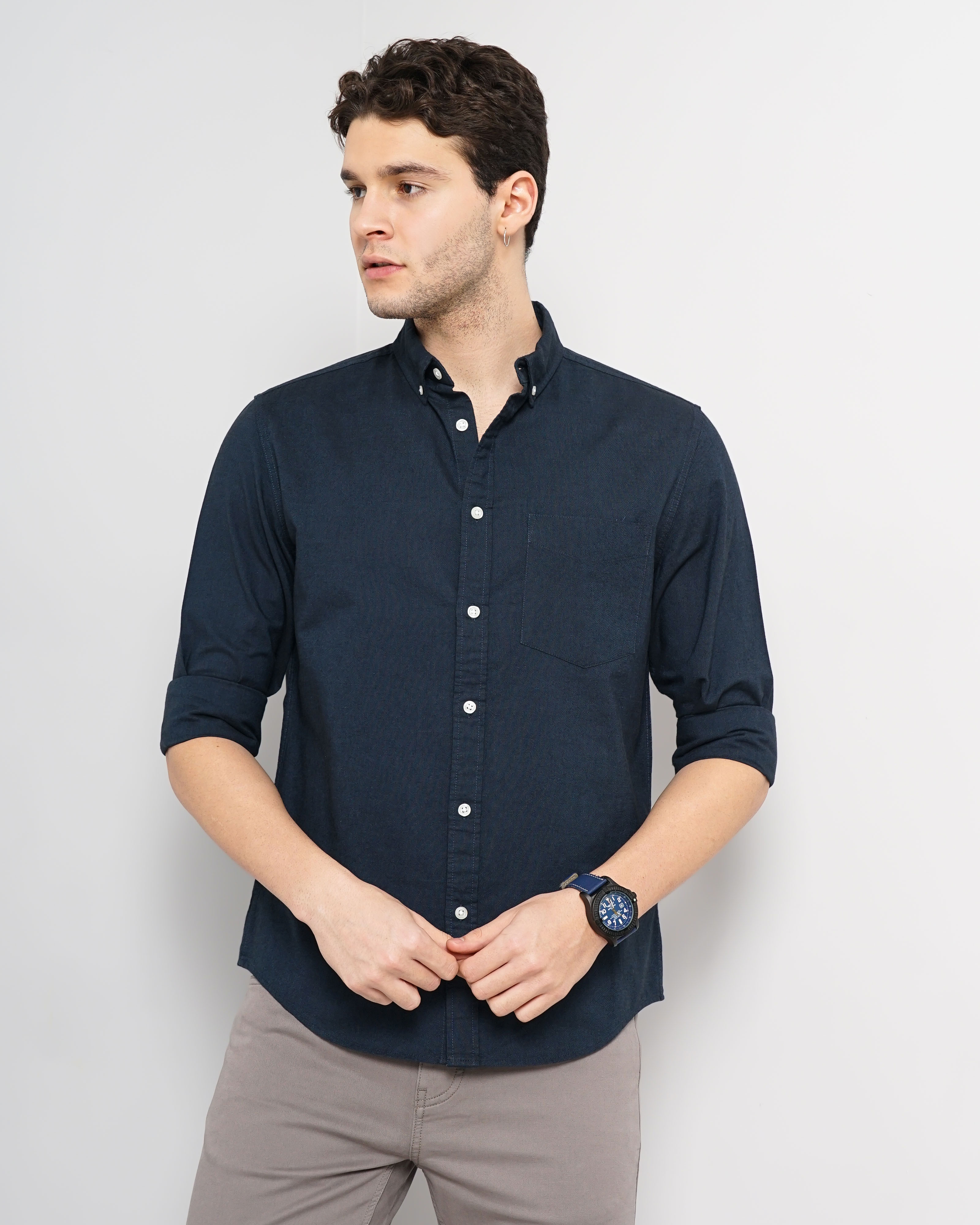 celio | Celio Men Navy Blue Solid Regular Fit Cotton Hi Stake Social Oxford Casual Shirt