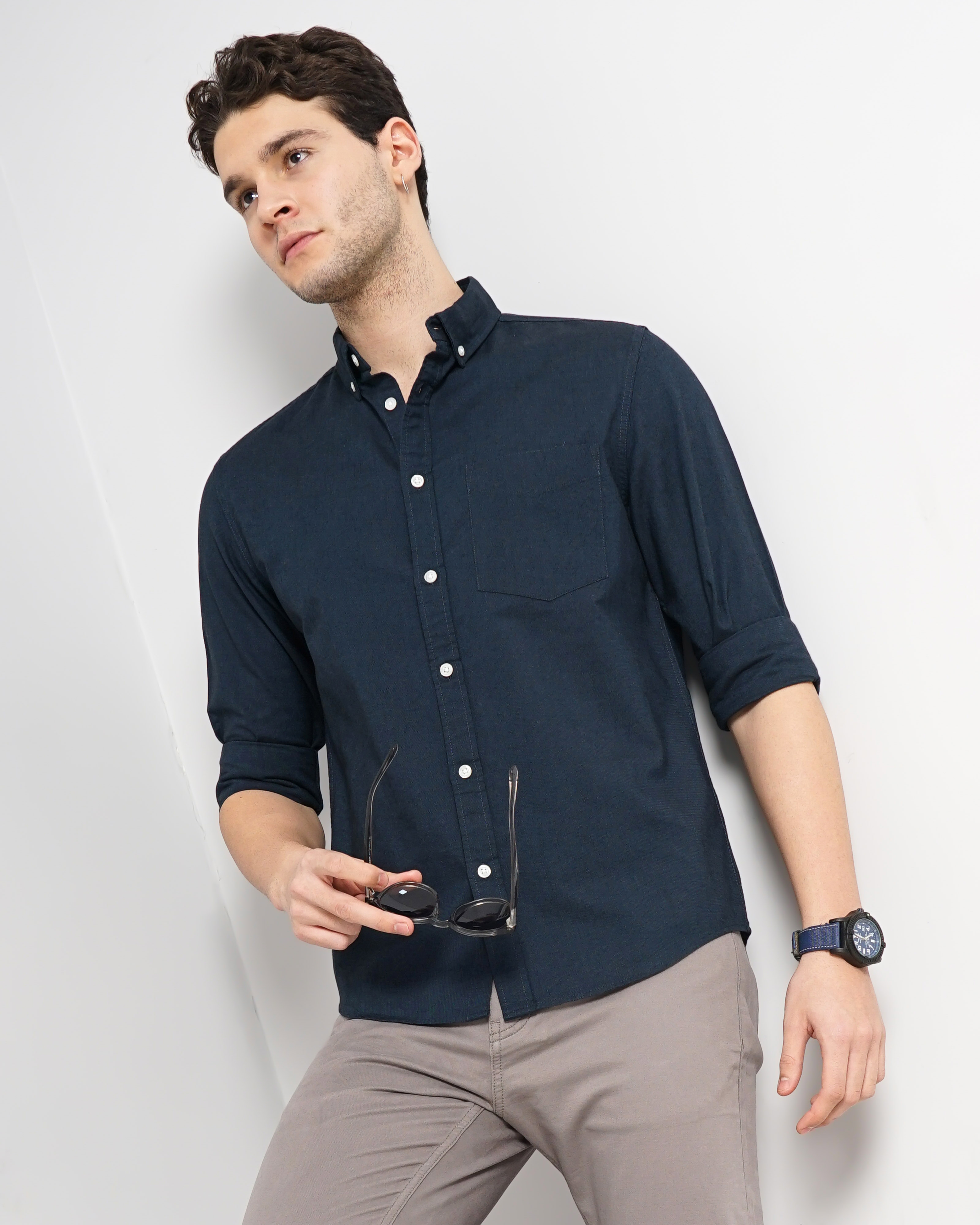 Celio Men Navy Blue Solid Regular Fit Cotton Hi Stake Social Oxford Casual Shirt
