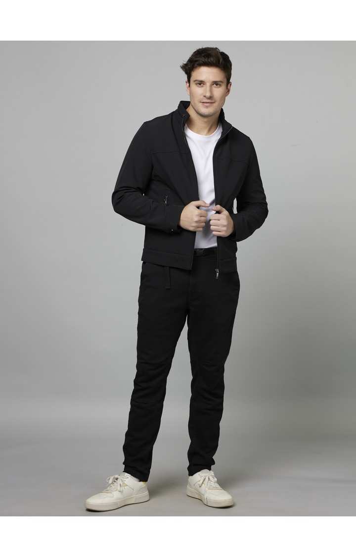 Men's Black Cotton Blend Solid Trousers