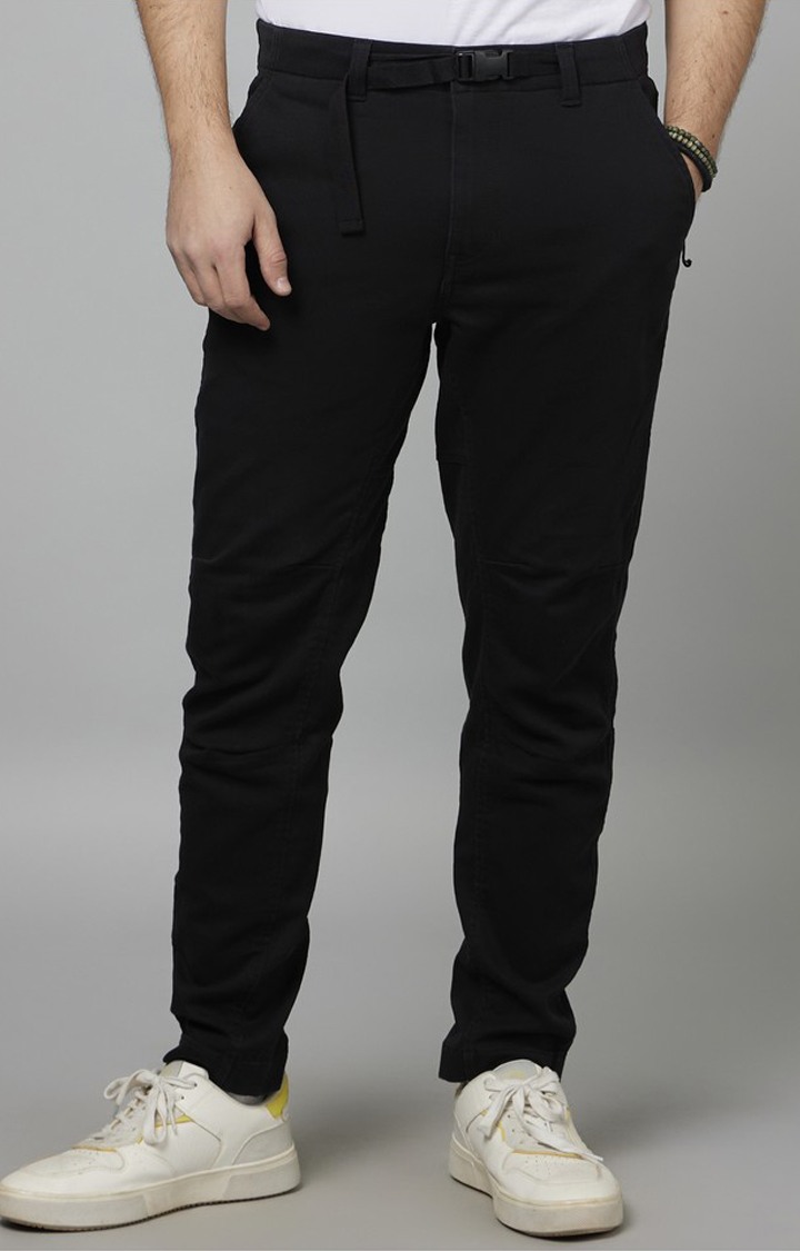 Men's Black Cotton Blend Solid Trousers