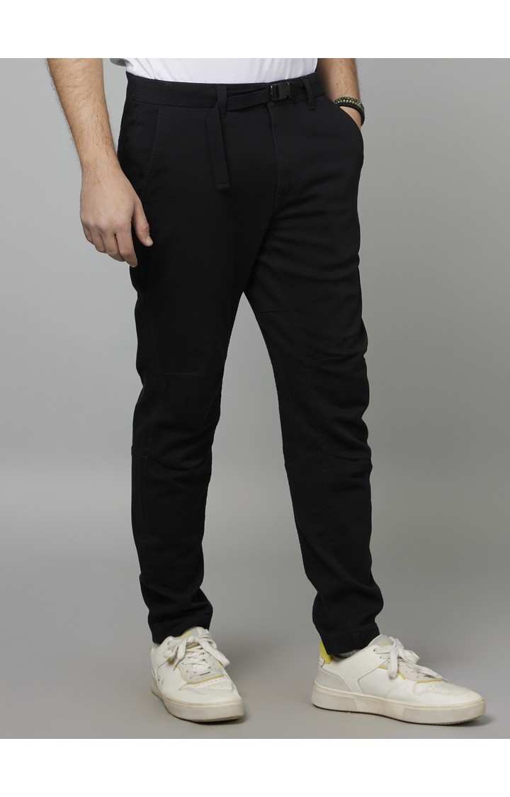 Men's Black Cotton Blend Solid Trousers