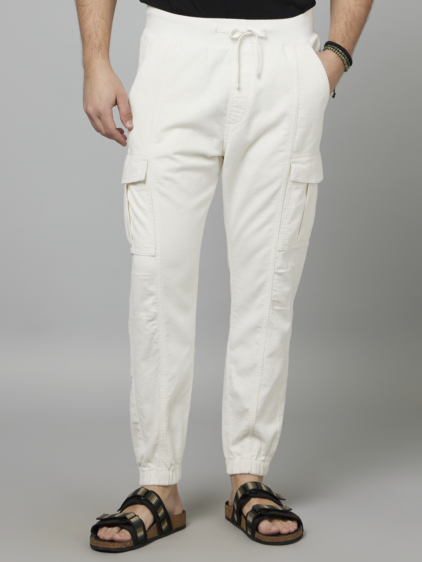 Men's White Cotton Blend Solid Trousers