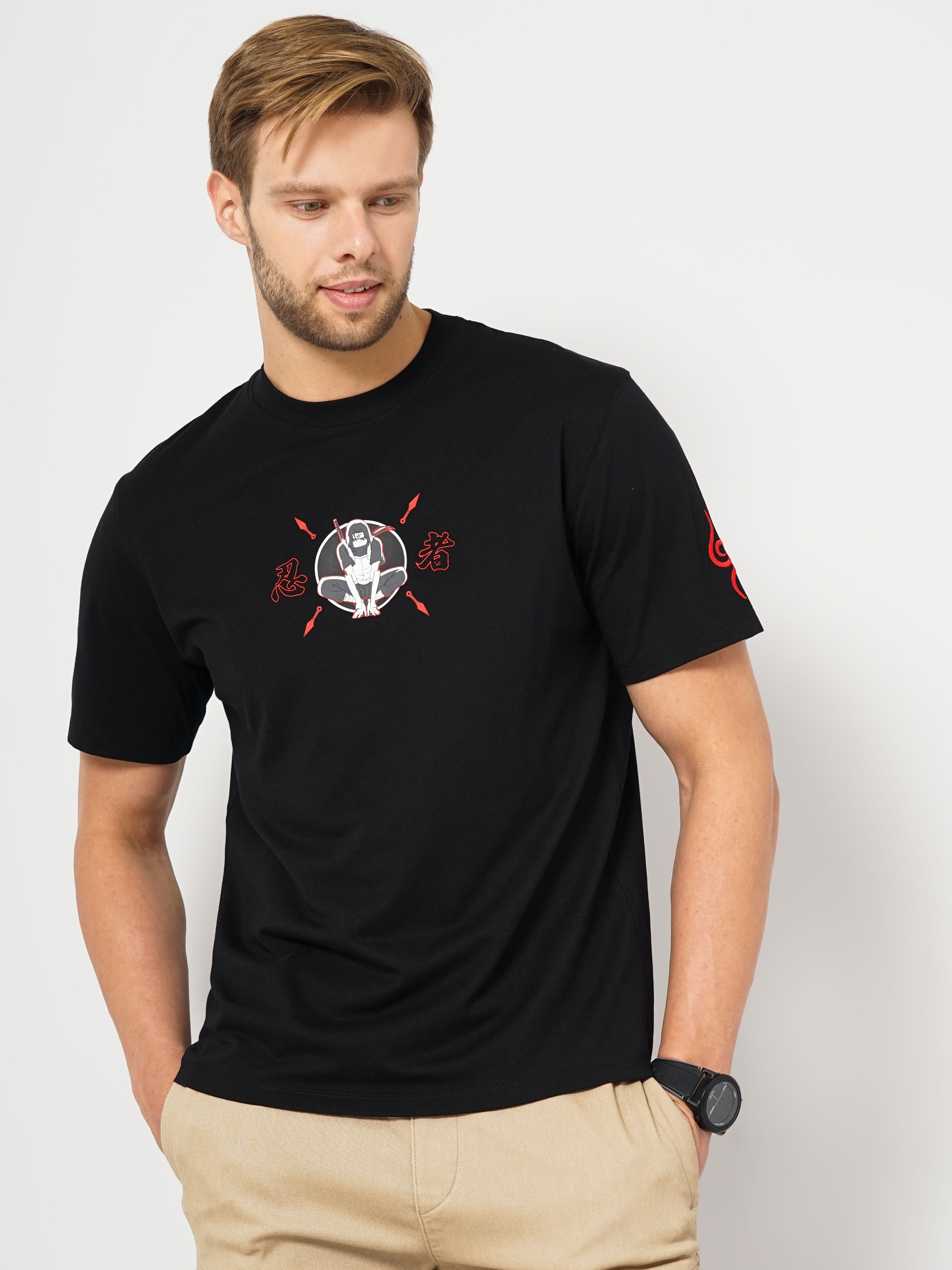 celio | Celio Naruto Black Printed Round Neck Cotton T-shirt