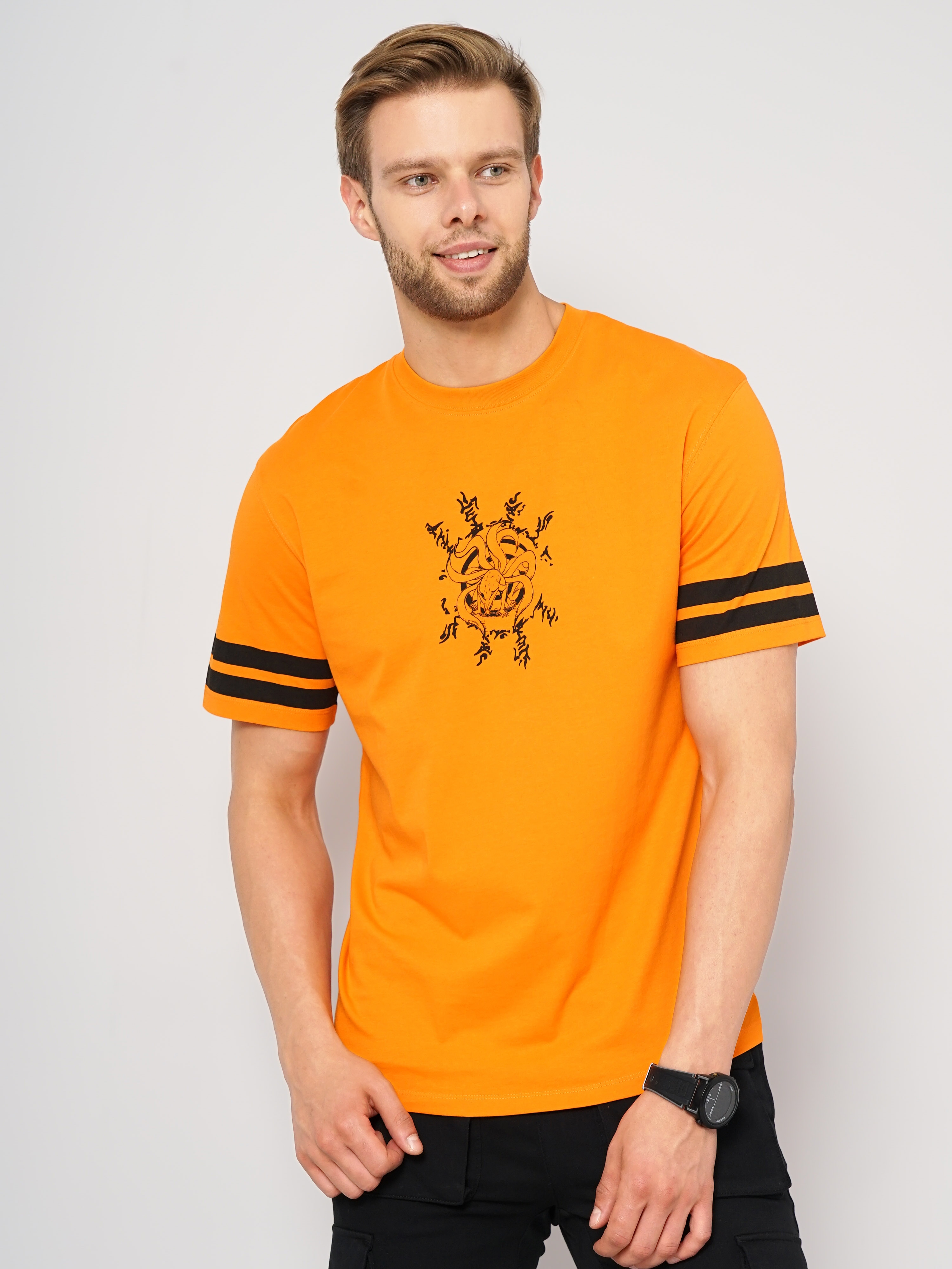celio | Celio Naruto Orange Printed Round Neck Cotton T-shirt