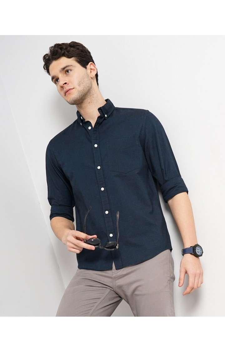 Celio Men Navy Blue Solid Regular Fit Cotton Hi Stake Social Oxford Casual Shirt
