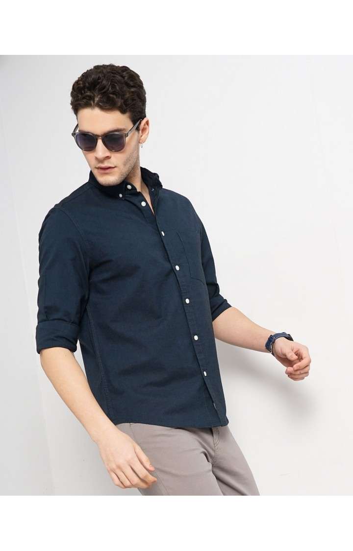Celio Men Navy Blue Solid Regular Fit Cotton Hi Stake Social Oxford Casual Shirt