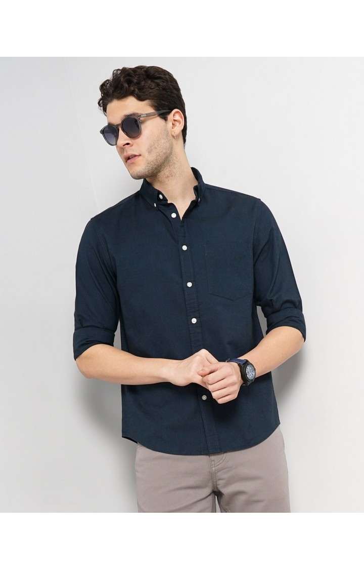 Celio Men Navy Blue Solid Regular Fit Cotton Hi Stake Social Oxford Casual Shirt