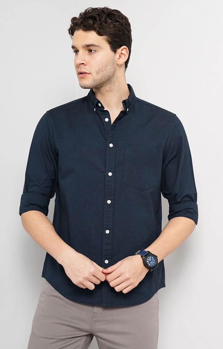 celio | Celio Men Navy Blue Solid Regular Fit Cotton Hi Stake Social Oxford Casual Shirt