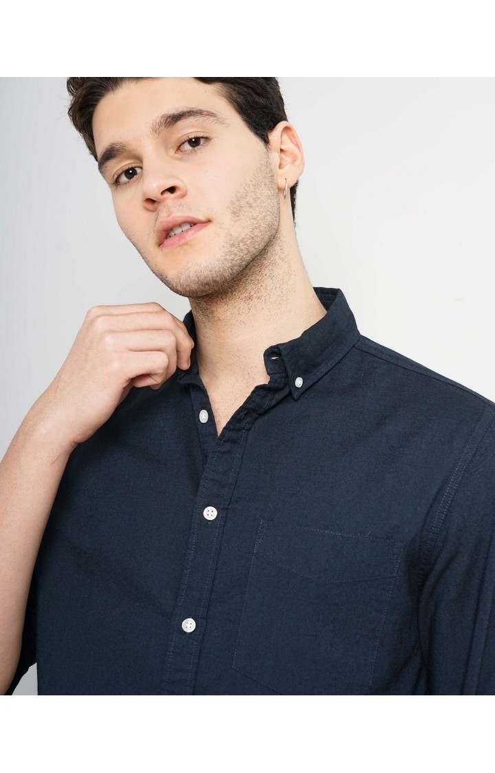 Celio Men Navy Blue Solid Regular Fit Cotton Hi Stake Social Oxford Casual Shirt