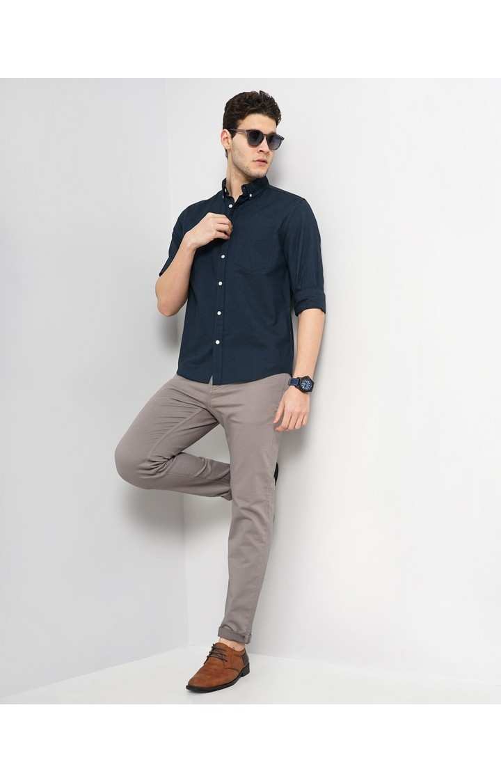 Celio Men Navy Blue Solid Regular Fit Cotton Hi Stake Social Oxford Casual Shirt