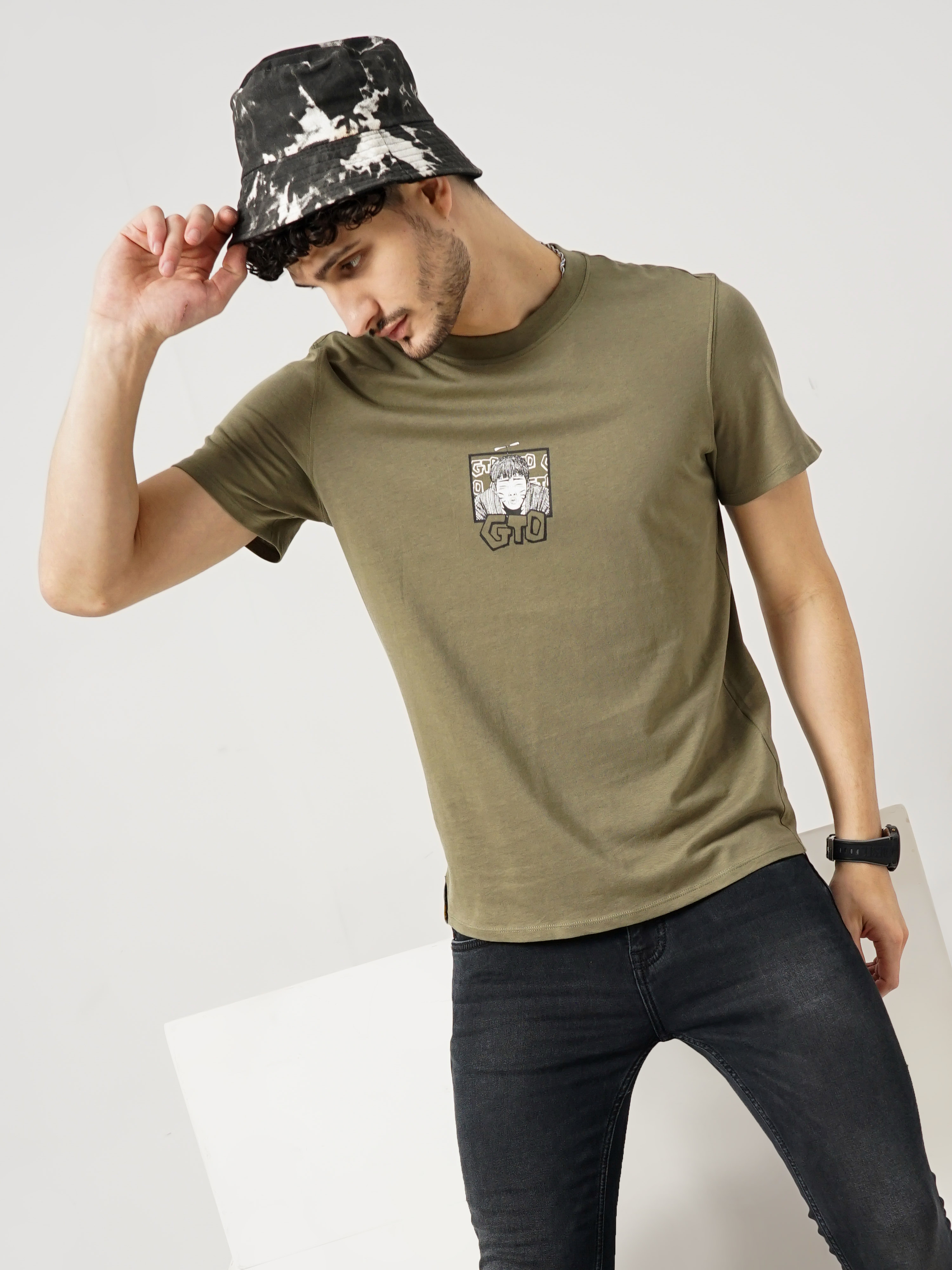Celio Men's Graphic Khaki Half Sleeve Round Neck Gto Tshirt