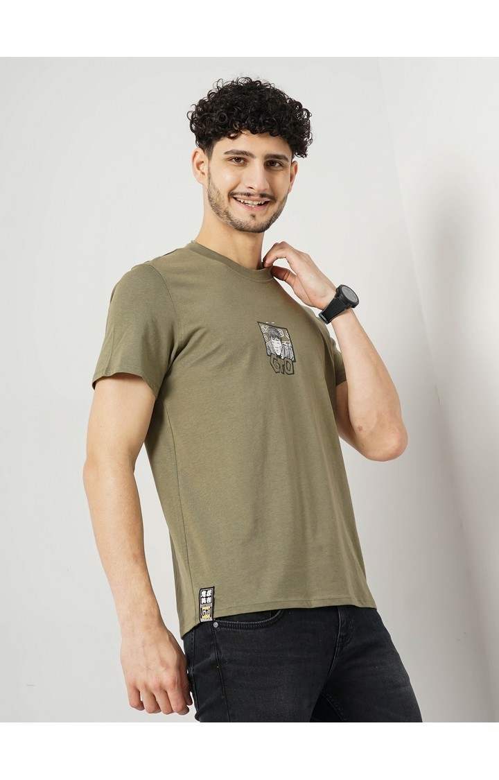 Celio Men's Graphic Khaki Half Sleeve Round Neck Gto Tshirt