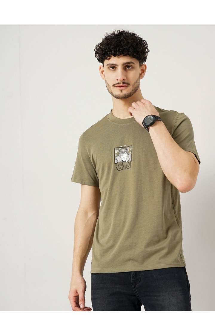 Celio Men's Graphic Khaki Half Sleeve Round Neck Gto Tshirt